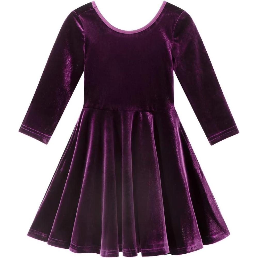 imageNoomelfish Girls 34 Sleeve Velvet Twirly Dress Casual Skater Dresses with Pockets 412 YearsDark Purple