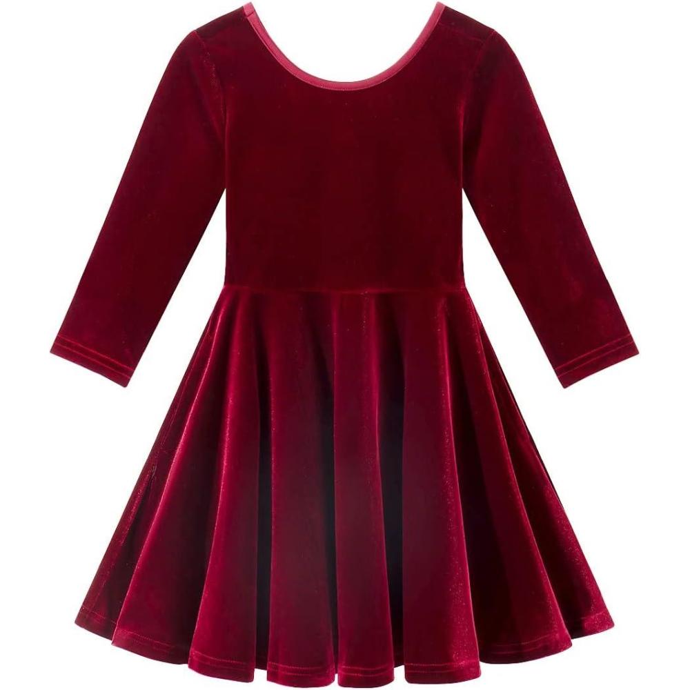 imageNoomelfish Girls 34 Sleeve Velvet Twirly Dress Casual Skater Dresses with Pockets 412 YearsWine Red