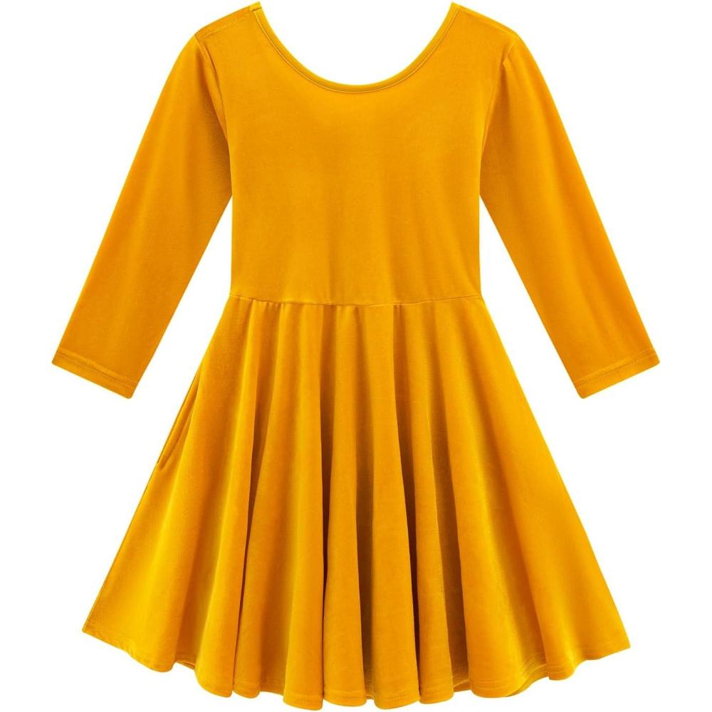 imageNoomelfish Girls 34 Sleeve Velvet Twirly Dress Casual Skater Dresses with Pockets 412 YearsYellow