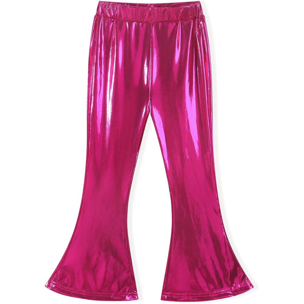 imageNoomelfish Girls Metallic Flare Leggings Pants Kids Yoga Disco Dance Bell Bottoms 512 YearsHot Pink