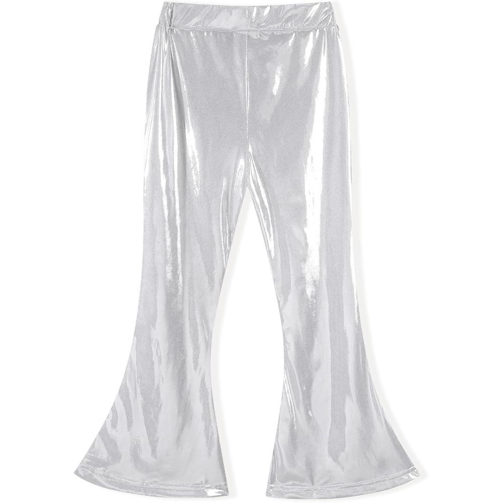 imageNoomelfish Girls Metallic Flare Leggings Pants Kids Yoga Disco Dance Bell Bottoms 512 YearsSilver White