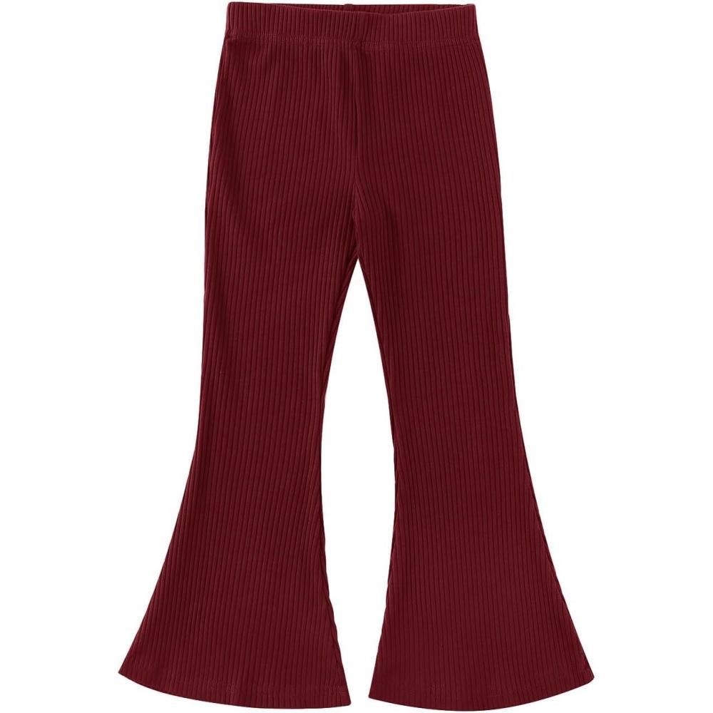 imageNoomelfish Girls Ribbed Flared Pants Cotton Ruffle Leggings Bell Bottoms 412 YearsBurgundy