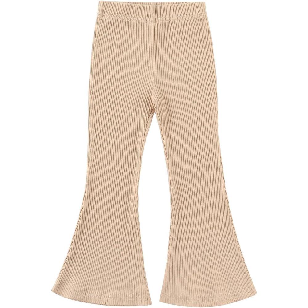 imageNoomelfish Girls Ribbed Flared Pants Cotton Ruffle Leggings Bell Bottoms 412 YearsKhaki