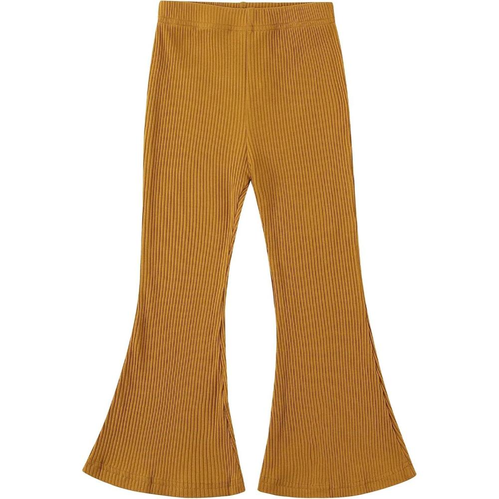 imageNoomelfish Girls Ribbed Flared Pants Cotton Ruffle Leggings Bell Bottoms 412 YearsMustard Yellow