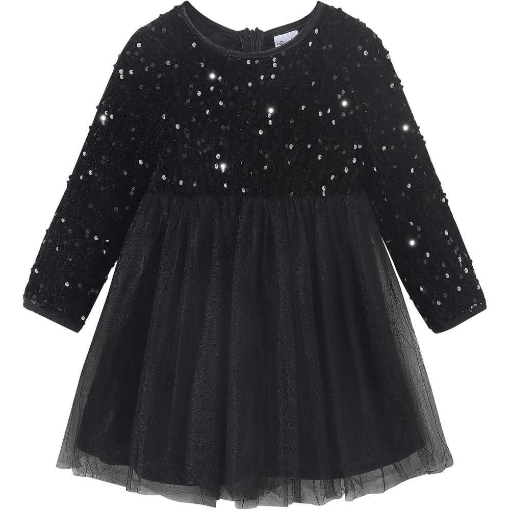 imageNoomelfish Girls Sequin Velvet Tutu Dress Toddler Tulle Sparkly Long Sleeve Fall Winter Party Dresses 38 YearsBlack
