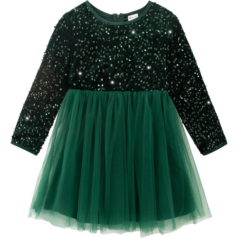 imageNoomelfish Girls Sequin Velvet Tutu Dress Toddler Tulle Sparkly Long Sleeve Fall Winter Party Dresses 38 YearsDark Green