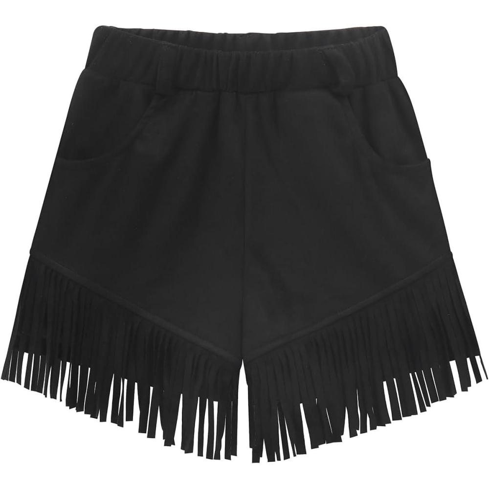 imageNoomelfish Kids Faux Suede Fringe Shorts Tassel Cowgirl Outfits with Pockets 512 YearsBlack