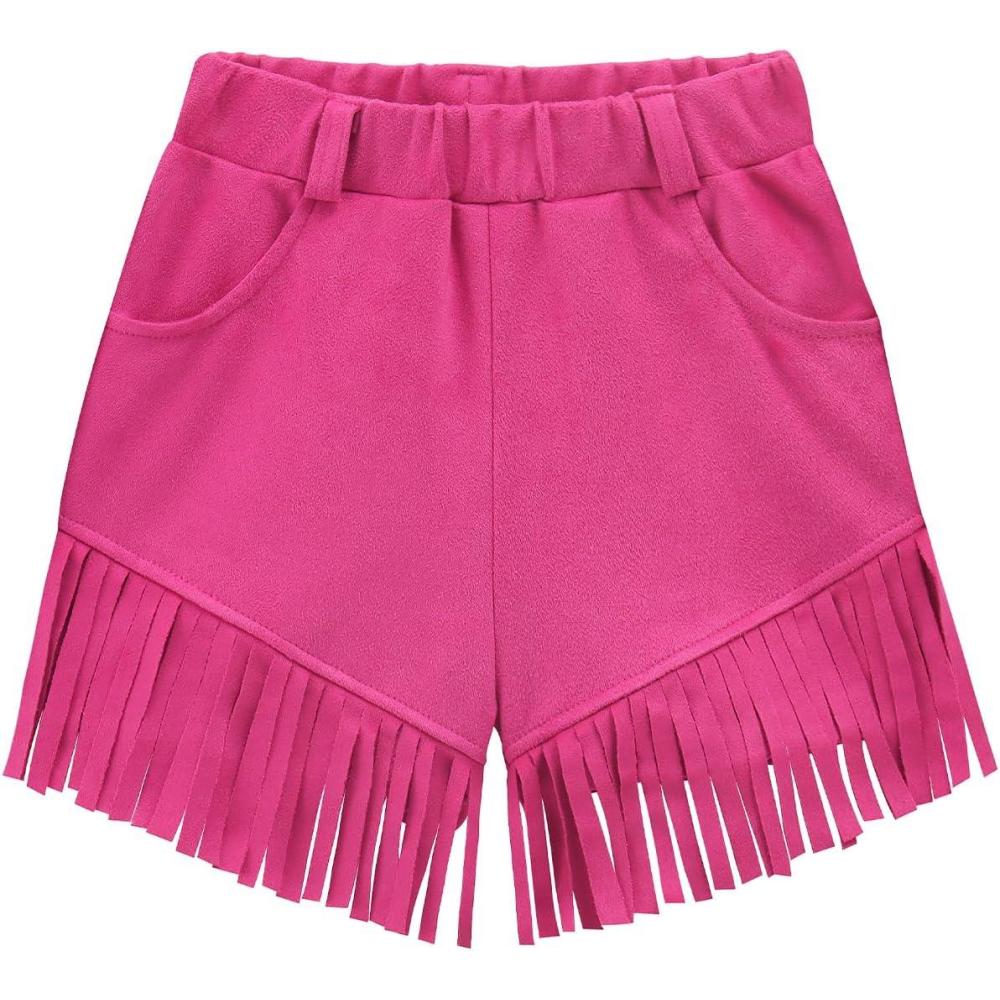 imageNoomelfish Kids Faux Suede Fringe Shorts Tassel Cowgirl Outfits with Pockets 512 YearsHot Pink