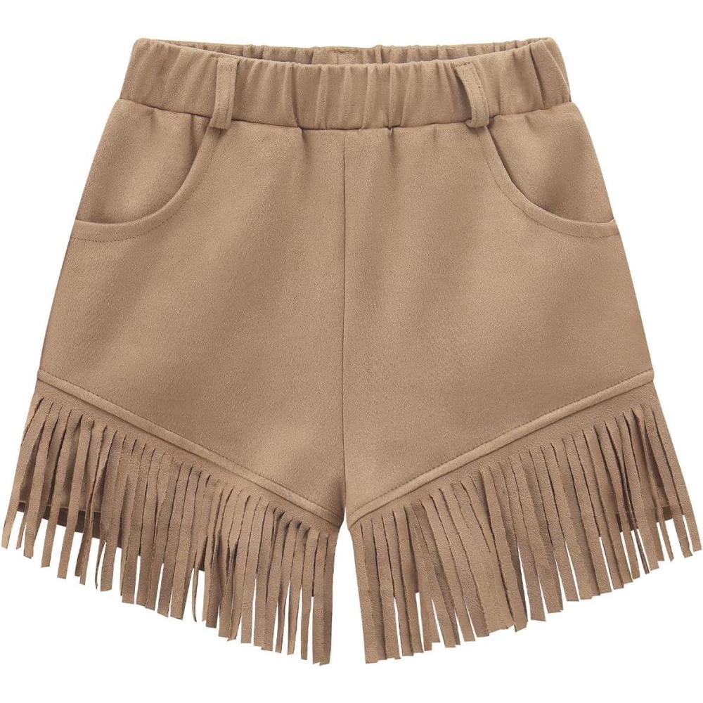 imageNoomelfish Kids Faux Suede Fringe Shorts Tassel Cowgirl Outfits with Pockets 512 YearsKhaki