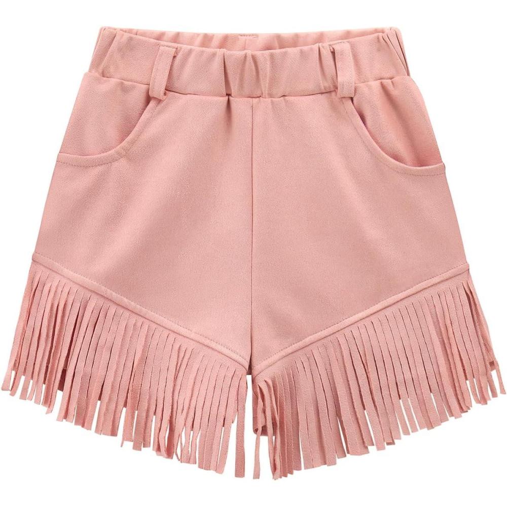 imageNoomelfish Kids Faux Suede Fringe Shorts Tassel Cowgirl Outfits with Pockets 512 YearsPink