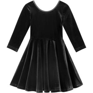 Noomelfish Girls 3/4 Sleeve Velvet Twirly Dress Casual Skater Dresses with Pockets (4-12 Years)(Black)