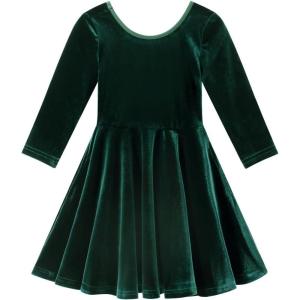 Noomelfish Girls 3/4 Sleeve Velvet Twirly Dress Casual Skater Dresses with Pockets (4-12 Years)(Dark Green)