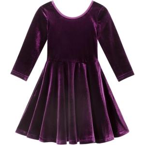 Noomelfish Girls 3/4 Sleeve Velvet Twirly Dress Casual Skater Dresses with Pockets (4-12 Years)(Dark Purple)