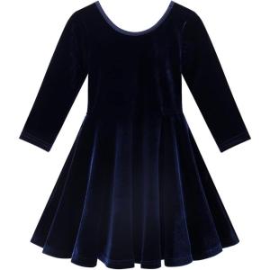 Noomelfish Girls 3/4 Sleeve Velvet Twirly Dress Casual Skater Dresses with Pockets (4-12 Years)(Navy Blue)