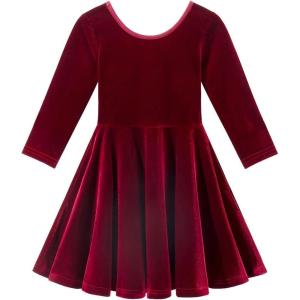 Noomelfish Girls 3/4 Sleeve Velvet Twirly Dress Casual Skater Dresses with Pockets (4-12 Years)(Wine Red)