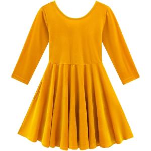 Noomelfish Girls 3/4 Sleeve Velvet Twirly Dress Casual Skater Dresses with Pockets (4-12 Years)(Yellow)