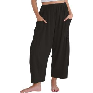 Noomelfish Girls Linen Wide Leg Pants Cute Loose Palazzo Harem Trouser with Pockets (5-12 Years)(Black)