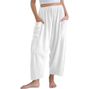 Noomelfish Girls Linen Wide Leg Pants Cute Loose Palazzo Harem Trouser with Pockets (5-12 Years)(White)