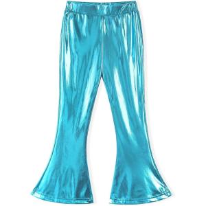 Noomelfish Girls Metallic Flare Leggings Pants Kids Yoga Disco Dance Bell Bottoms (5-12 Years)(Blue)