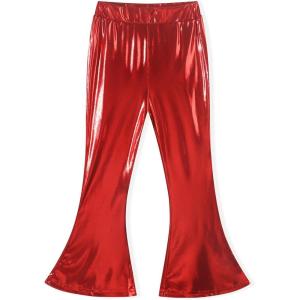 Noomelfish Girls Metallic Flare Leggings Pants Kids Yoga Disco Dance Bell Bottoms (5-12 Years)(Red)
