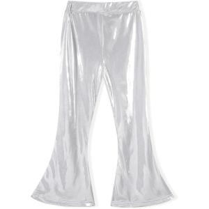 Noomelfish Girls Metallic Flare Leggings Pants Kids Yoga Disco Dance Bell Bottoms (5-12 Years)(Silver White)