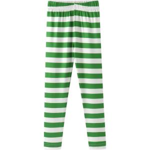 Noomelfish Girls Printed Leggings Soft Full Length Stretch Pants (4-12 Years)(Green and White Striped)