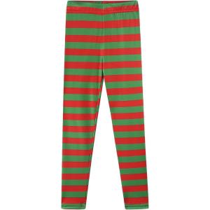 Noomelfish Girls Printed Leggings Soft Full Length Stretch Pants (4-12 Years)(Red and Green Striped)