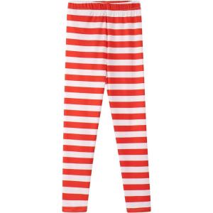 Noomelfish Girls Printed Leggings Soft Full Length Stretch Pants (4-12 Years)(Red and White Striped)