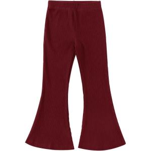 Noomelfish Girls Ribbed Flared Pants Cotton Ruffle Leggings Bell Bottoms (4-12 Years)(Burgundy)