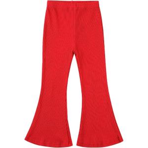 Noomelfish Girls Ribbed Flared Pants Cotton Ruffle Leggings Bell Bottoms (4-12 Years)(Red)