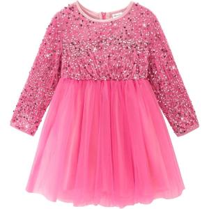 Noomelfish Girls Sequin Velvet Tutu Dress Toddler Tulle Sparkly Long Sleeve Fall Winter Party Dresses (3-8 Years)(Coral Pink)