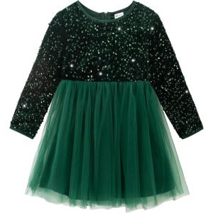 Noomelfish Girls Sequin Velvet Tutu Dress Toddler Tulle Sparkly Long Sleeve Fall Winter Party Dresses (3-8 Years)(Dark Green)