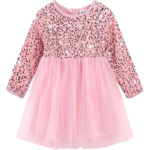 Noomelfish Girls Sequin Velvet Tutu Dress Toddler Tulle Sparkly Long Sleeve Fall Winter Party Dresses (3-8 Years)(Pink)