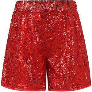 Noomelfish Girls Sparkly Sequin Shorts Elastic Waist Glitter Party Dance Short Pants (5-12 Years)(Red)