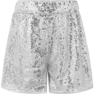 Noomelfish Girls Sparkly Sequin Shorts Elastic Waist Glitter Party Dance Short Pants (5-12 Years)(Silver White)