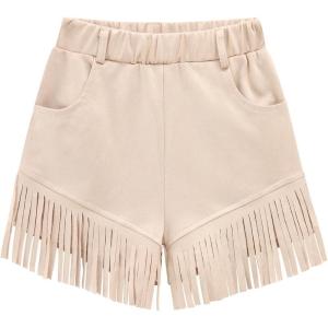 Noomelfish Kids Faux Suede Fringe Shorts Tassel Cowgirl Outfits with Pockets (5-12 Years)(Beige)