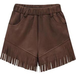 Noomelfish Kids Faux Suede Fringe Shorts Tassel Cowgirl Outfits with Pockets (5-12 Years)(Coffee Brown)