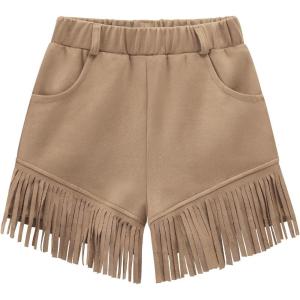 Noomelfish Kids Faux Suede Fringe Shorts Tassel Cowgirl Outfits with Pockets (5-12 Years)(Khaki)