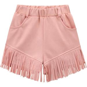 Noomelfish Kids Faux Suede Fringe Shorts Tassel Cowgirl Outfits with Pockets (5-12 Years)(Pink)