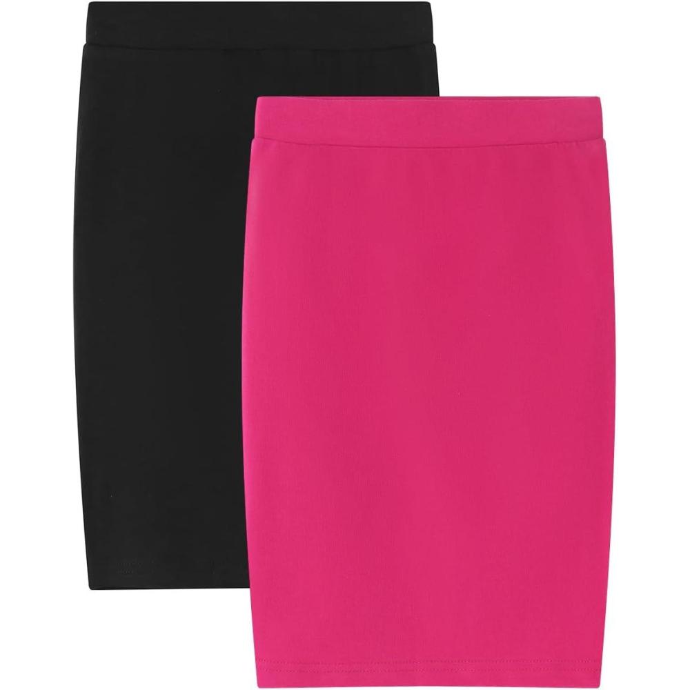 imageNoomelfish Girls 2 Pack Knee Length Pencil Skirts Plain Stretch Cotton Modest Skirt 514 YearsBlackHot Pink