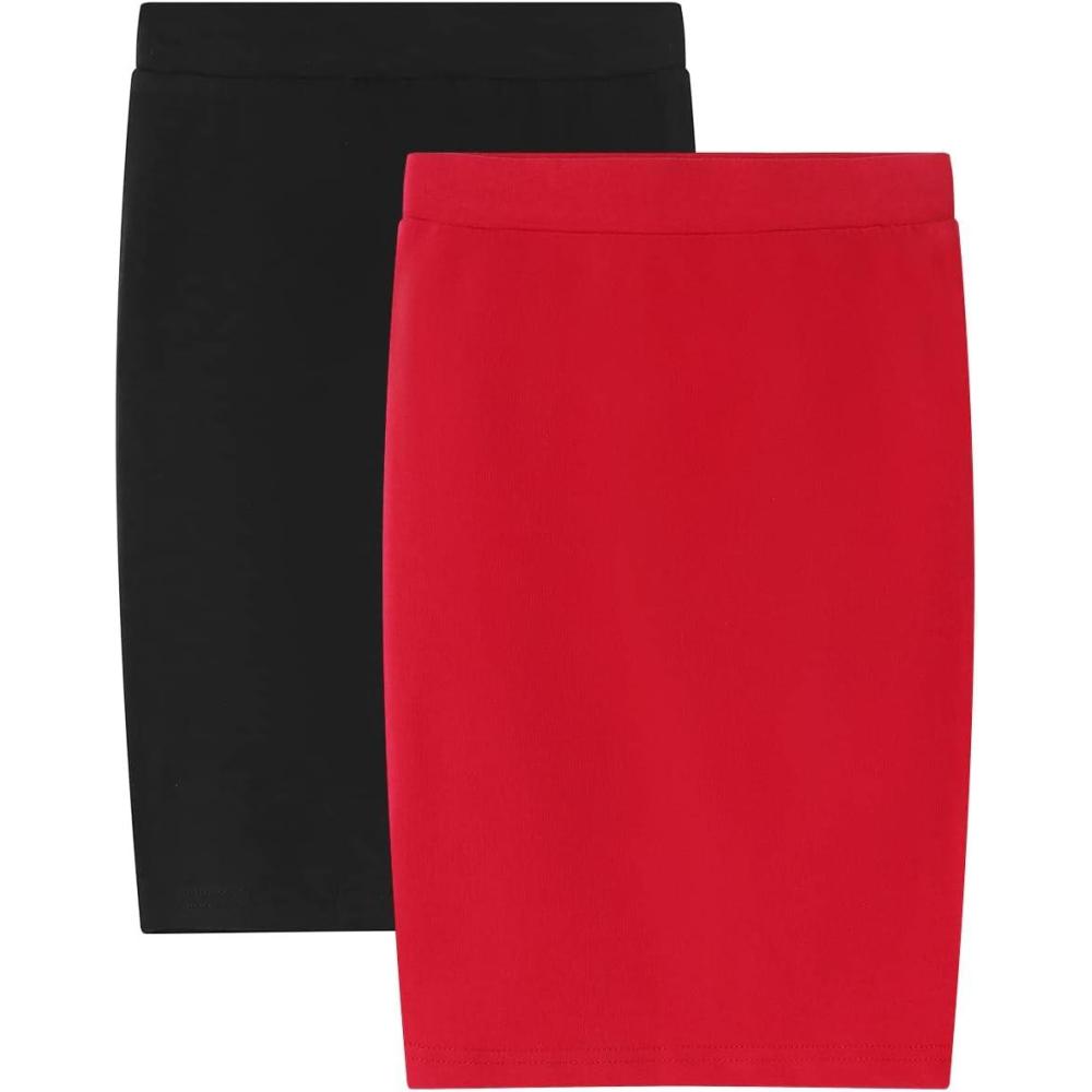 imageNoomelfish Girls 2 Pack Knee Length Pencil Skirts Plain Stretch Cotton Modest Skirt 514 YearsBlackRed