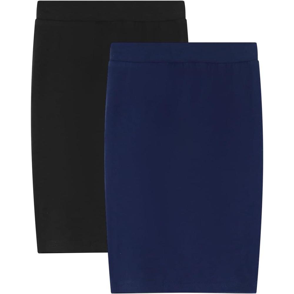 imageNoomelfish Girls 2 Pack Knee Length Pencil Skirts Plain Stretch Cotton Modest Skirt 514 YearsNavy BlueBlack