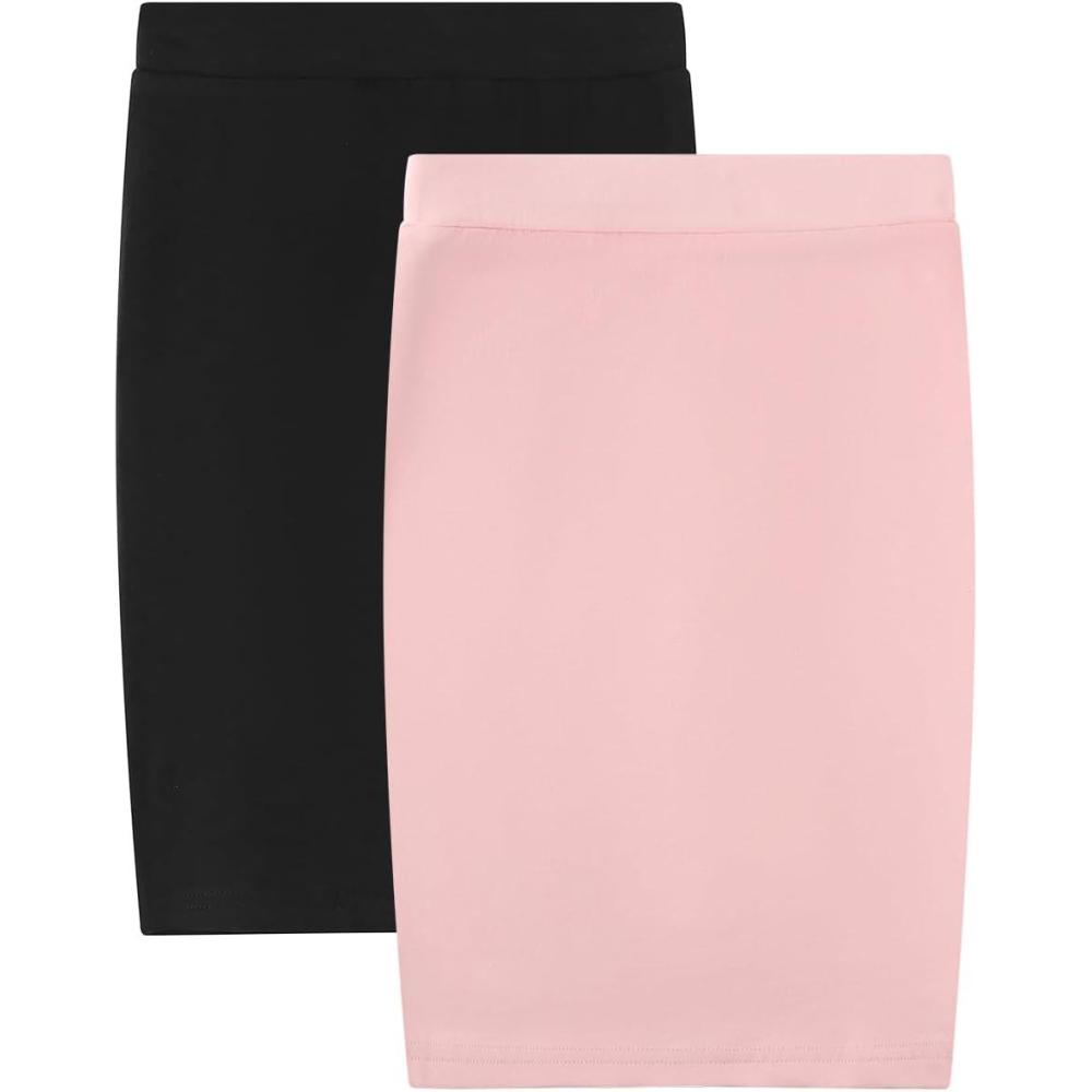 imageNoomelfish Girls 2 Pack Knee Length Pencil Skirts Plain Stretch Cotton Modest Skirt 514 YearsPinkBlack