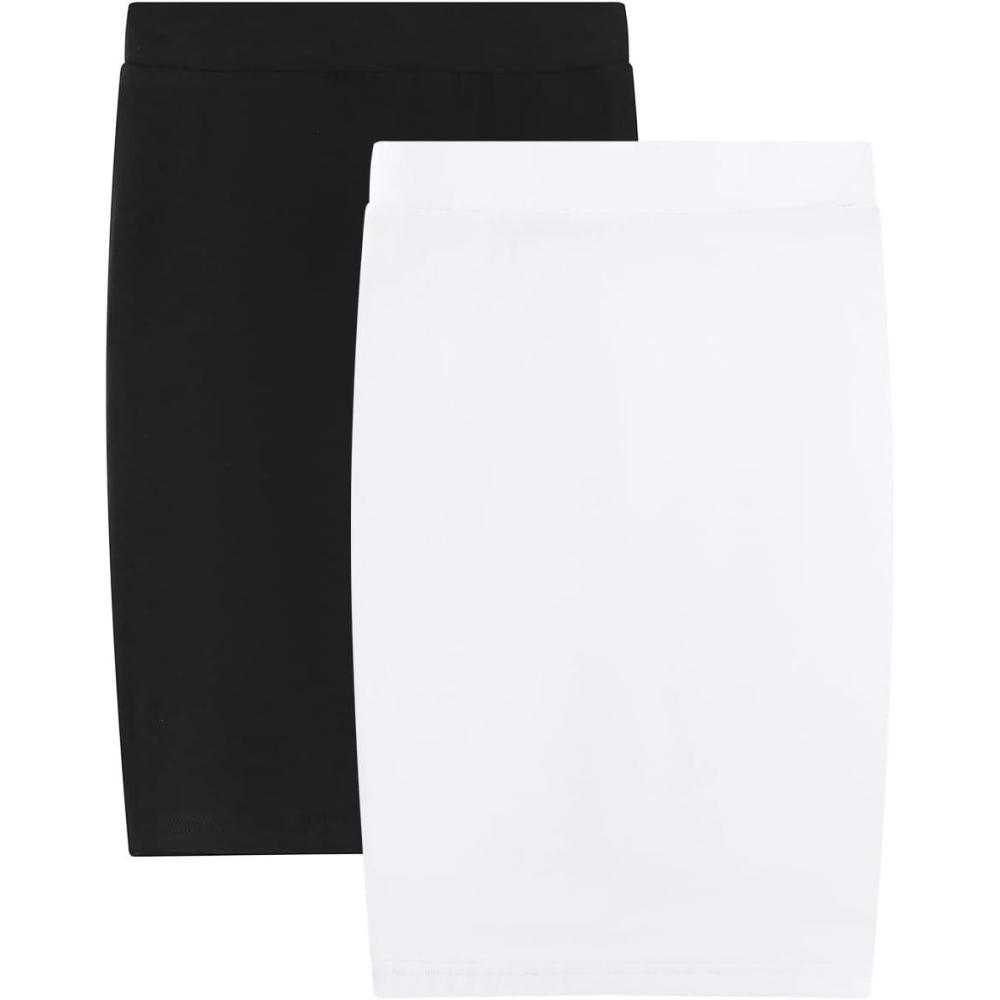imageNoomelfish Girls 2 Pack Knee Length Pencil Skirts Plain Stretch Cotton Modest Skirt 514 YearsWhiteBlack