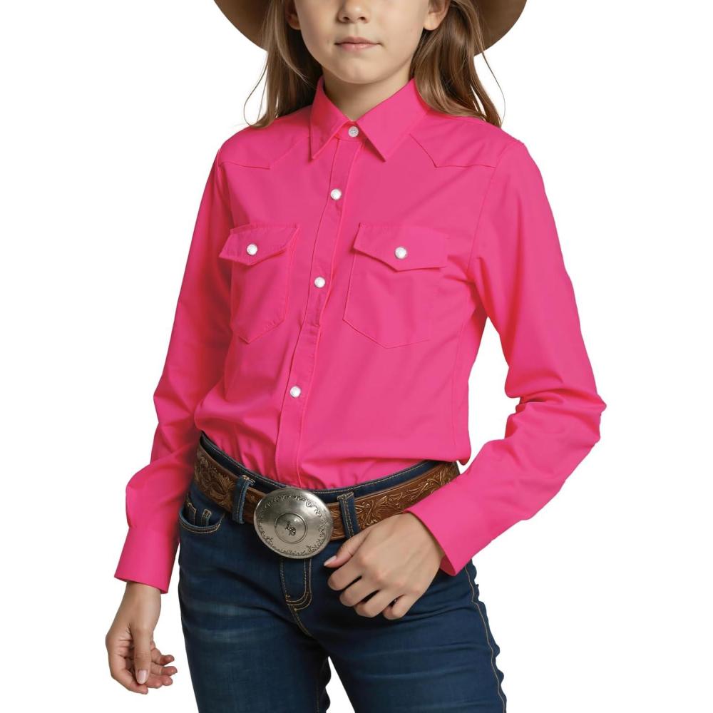 imageNoomelfish Girls Button Down Pearl Snap Western Shirt Cowgirl Long Sleeve Blouse Tops 512 YearsHot Pink
