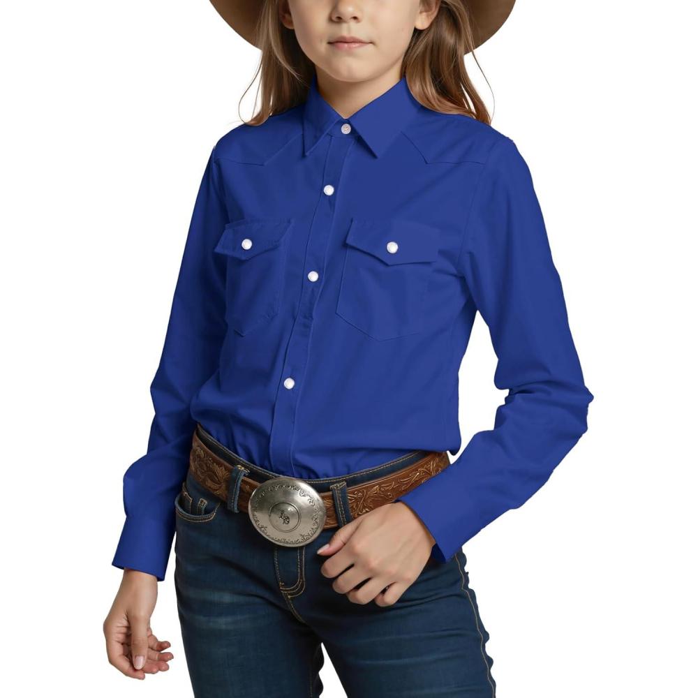 imageNoomelfish Girls Button Down Pearl Snap Western Shirt Cowgirl Long Sleeve Blouse Tops 512 YearsRoyal Blue