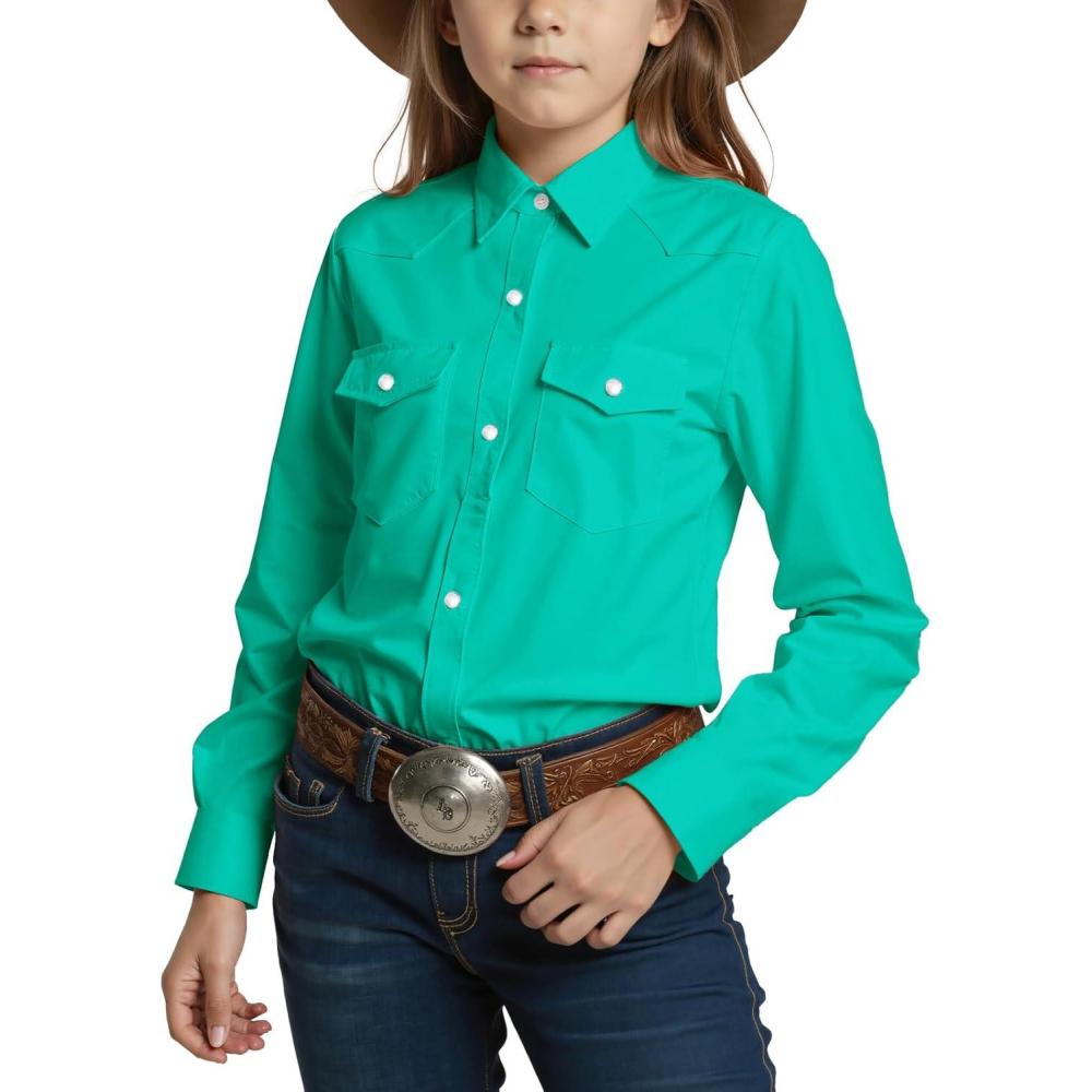 imageNoomelfish Girls Button Down Pearl Snap Western Shirt Cowgirl Long Sleeve Blouse Tops 512 YearsTeal Blue