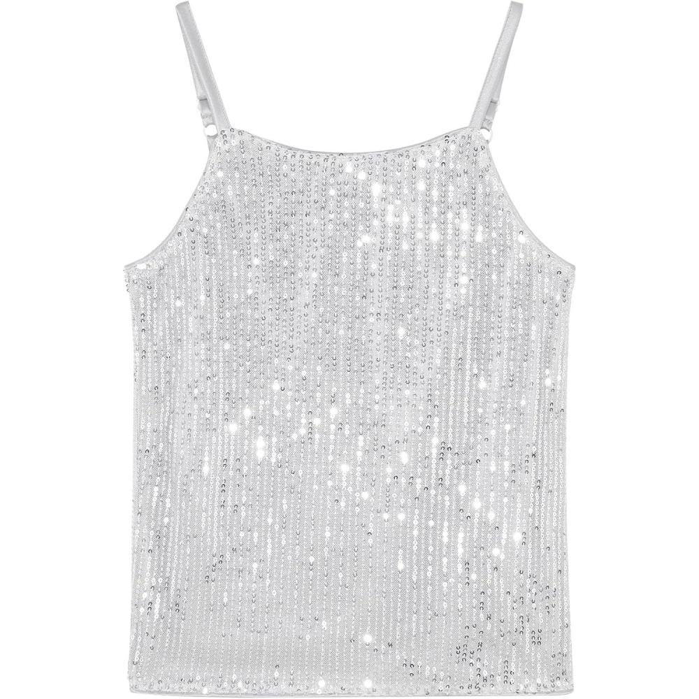 imageNoomelfish Girls Camisole Sequin Tank Tops Sparkly Glitter Cami Dance Sleeveless Shirt 512 YearsSilver White