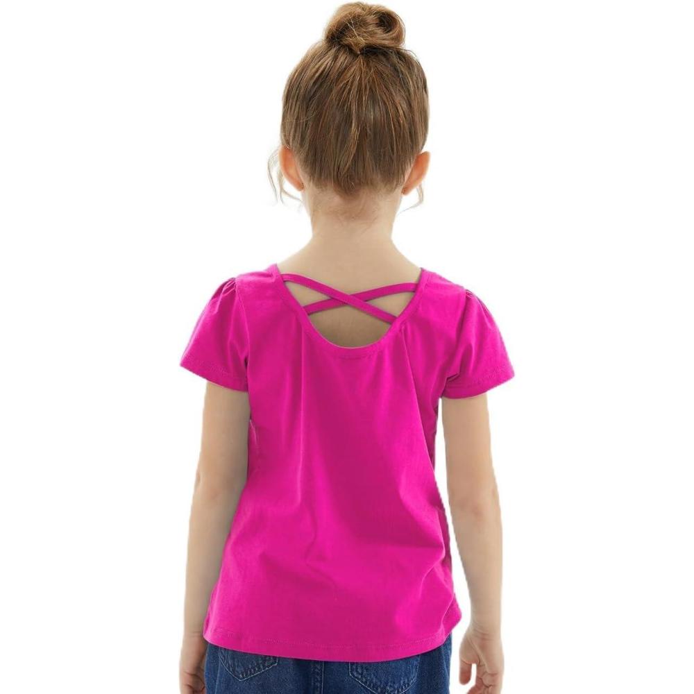 imageNoomelfish Girls Criss Cross Back TShirts Short Puff Sleeve Tee Tops 512 YearsHot Pink