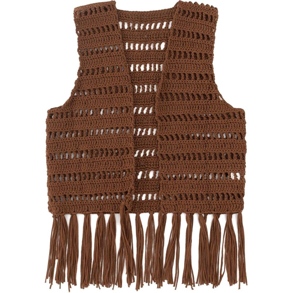 imageNoomelfish Girls Crochet Fringe Vest Kids Boho Tassels Cardigan Western Cowgirl Outfit 512 YearsBrown